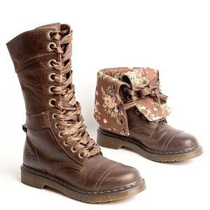 Dr. Martens | Brown Leather Triumph Tall Lace Up Floral Foldover Boots Size 7